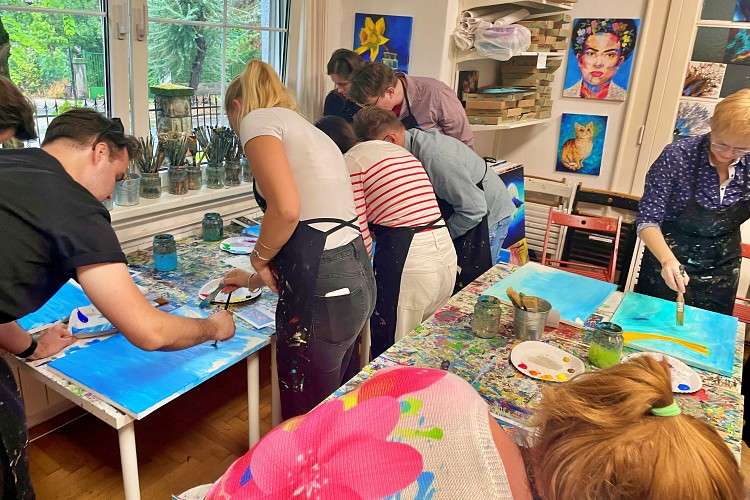 Art and team collaboration, relaxed collage painting